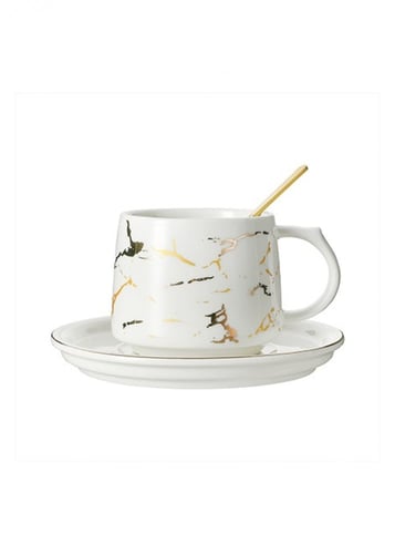 كوب قهوة سيراميك رخامي مع قاعدة وملعقة 215 مل - أب...