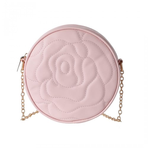 حقيبة كتف دائرية مبطنة بنمط وردة مع سلسلة - وردي -...