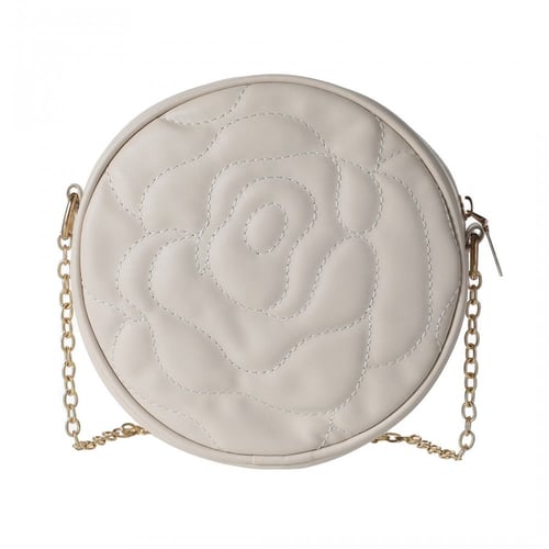 حقيبة كتف دائرية مبطنة بنمط وردة مع سلسلة - ابيض -...