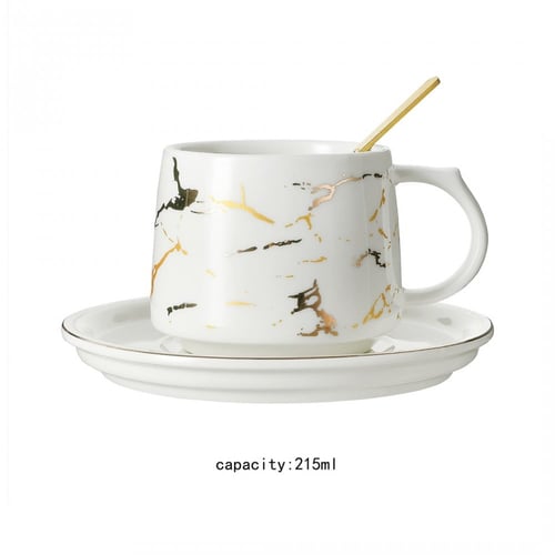 كوب قهوة سيراميك رخامي مع قاعدة وملعقة 215 مل - أب...