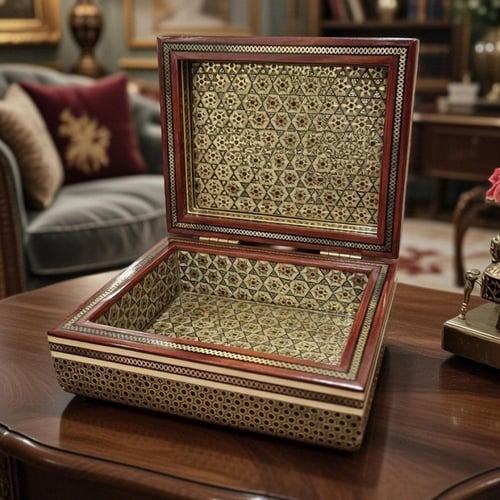 صندوق خشبي فاخر مطعم بالعاج والنحاس