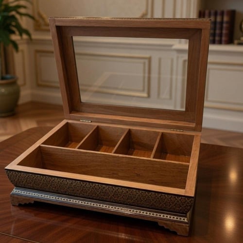 صندوق خشبي مطعم بالعاج والنحاس مقسم 5 مجموعات