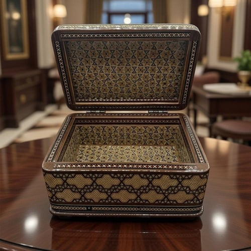 صندوق خشبي فاخر مطعم بالعاج والنحاس