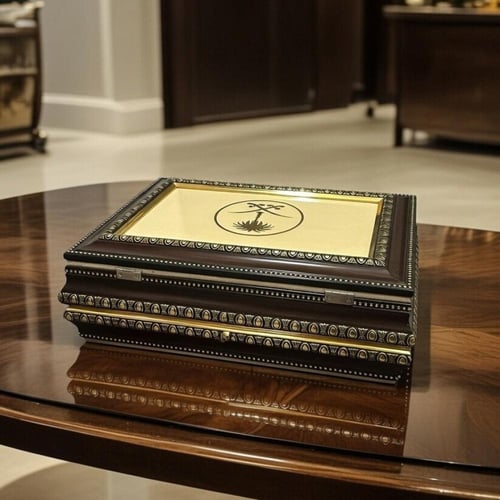 صندوق خشبي فاخر مطعم بالجلد الصناعي بشعار المملكه