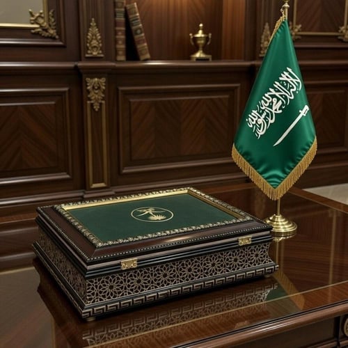 صندوق خشبي فاخر لون زيتي بشعار السعودية
