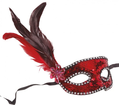 RED SEQUINS MASK WITH FEATHERS (12943)