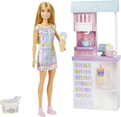 مجموعة لعب Barbie Ice Cream Shop مع 12 دمية شقراء...