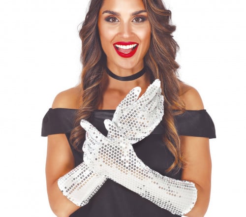 WHITE SEQUIN GLOVES 39 CMS HQ (17862)