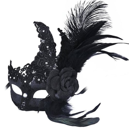 Black Mask With Flower And Feather (12942)