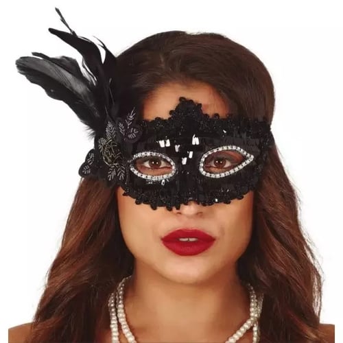 Black Mask With Flower And Feather (12942)