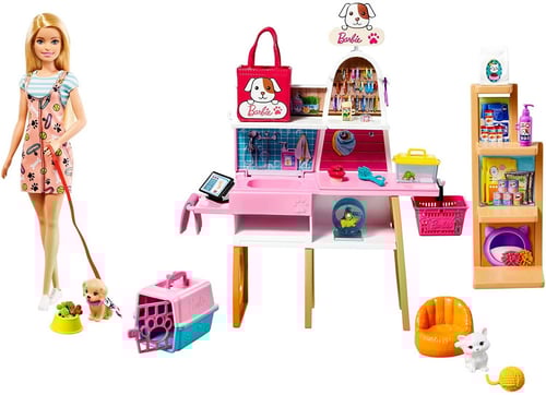 Barbie Doll and Pet Boutique Playset with 4 Pets