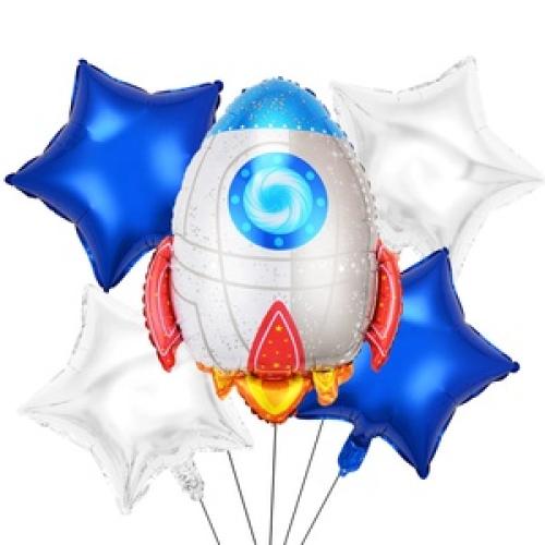 A bouquet of foil balloons, spaceship