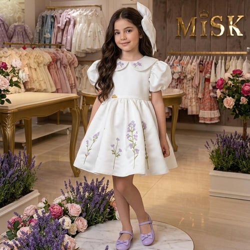 فستان وردة العيد ( مطرز بالورد) +فيونكة الشعر