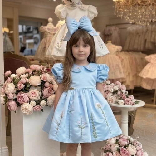 فستان وردة العيد ( مطرز بالورد) +فيونكة الشعر