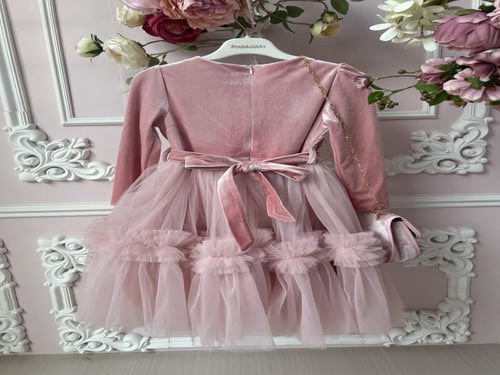 فستان مخملي باكمام طويلة+شنطة