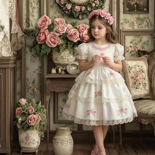 فستان ريمي بطبقات مطرزة بالورد+طوق+جيبونة