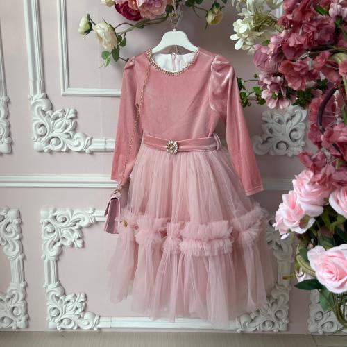 فستان مخملي باكمام طويلة+شنطة