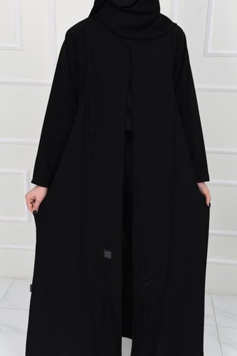 عباية لف سوداء بتطريز أسفل أنيق