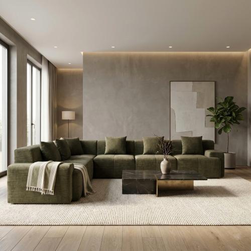 كنب حرف L مودرن كبير – تصميم عملي بلون زيتي فاخر