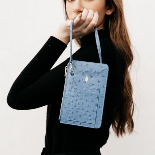 Blue ostrich leather bag
