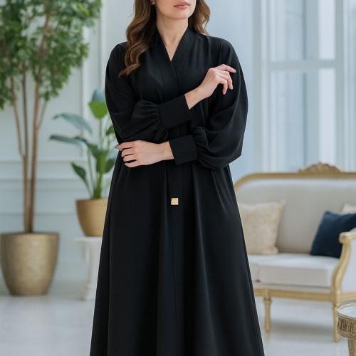 عباية سوداء سادة بأكمام كبك طق طق - B7 -