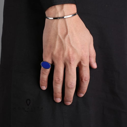 خاتم أنيق رجالي اللون فضي - أزرق (KR5) .