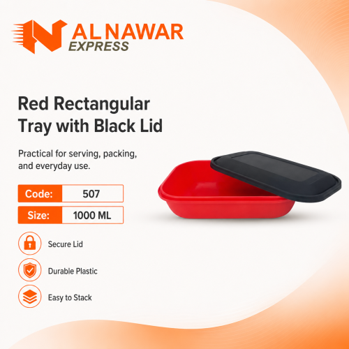 صحن مستطيل أحمر مع غطاء أسود 1000 مل – 150 حبة