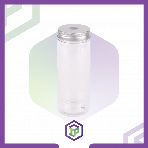 علب اسطوانيه بلاستيك بغطاء فضي وفتحة مزاز [ 350 مل...