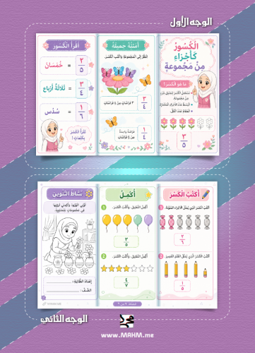 مطوية + ورقة عمل تفاعلية لدرس الكسور كأجزاء من مجم...