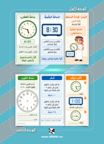 ⏰ مطوية + ورقة عمل تفاعلية لدرس الزمن: قراءة الساع...