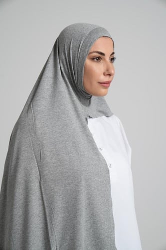 حجاب قطن مخيط جاهز - رمادي