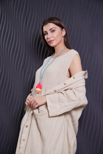 فستان لينن مع توب طويل لون بيج