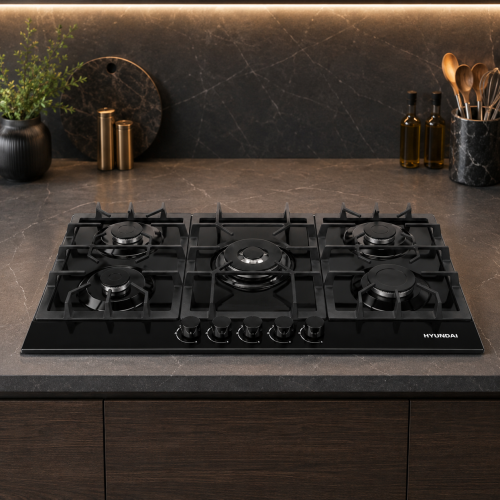 Hyundai - black ceramic surface 5 burners gas (triple burner) metal grate (heavy) self-ignition feature full safety valve - front...