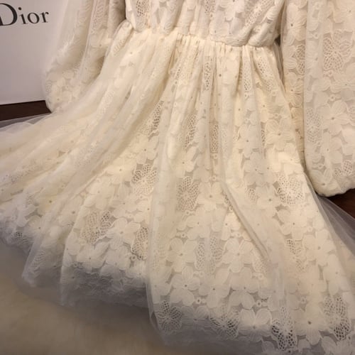 فستان ديور دانتيل مزين بياقة فرو وبروش مبطن فرو