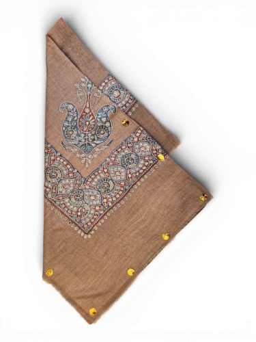 شال صوف كشميري باشمينا VIP ارضية بلون بني مطرز يدو...