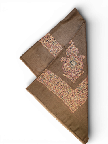 شال صوف كشميري باشمينا VIP ارضية بلون بني مطرز يدو...