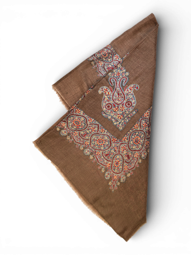 شال صوف كشميري باشمينا VIP ارضية بلون بني مطرز يدو...