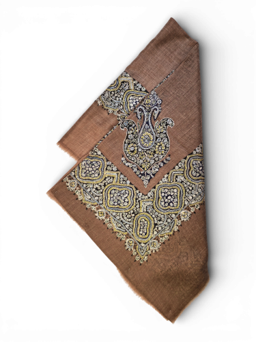 شال صوف كشميري باشمينا VIP ارضية بلون بني مطرز يدو...