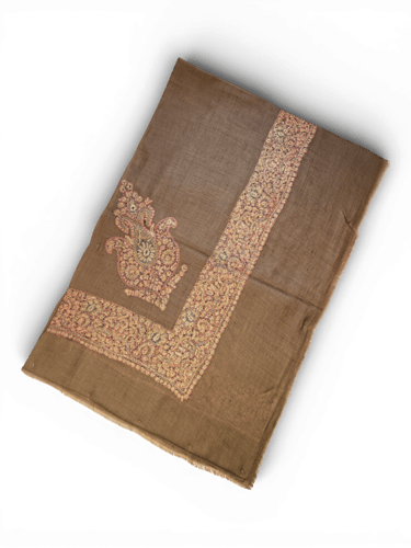 شال صوف كشميري باشمينا VIP ارضية بلون بني مطرز يدو...