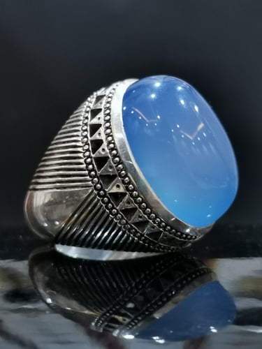 خاتم الفضة بحجر عقيق خرساني ايراني أزرق بصياغة الخ...