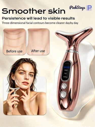 PinkSings جهاز تجميل محمول قابل للشحن للوجه والرقبة، 4 ألوان و4 أوضاع مع وظيفة تدليك الرقبة بالاهتزاز، أداة تنظيف العناية بالبشرة...