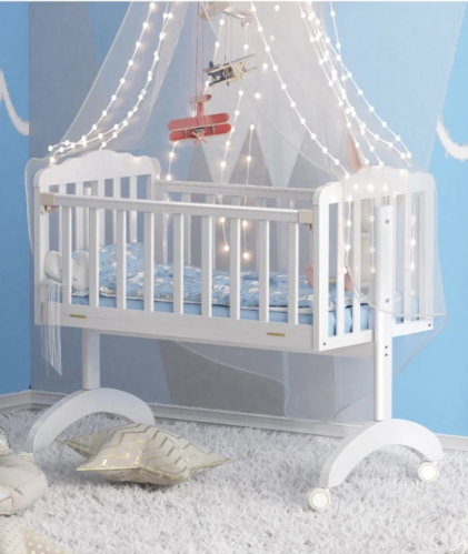 Wooden cradle bed for children, rocking, with a distinctive and new design, with covers and mosquito net, 90×45 cm