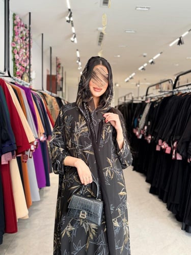 عباية D915 - صيفية بقماش شيفون ريع كلوش مطبع شجر -...