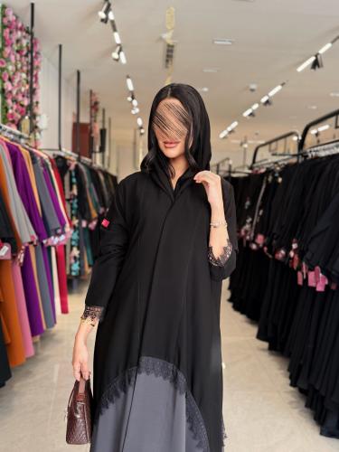 عباية D878 - بقماش رموش كوري بكلفة دانتل نص كلوش -...