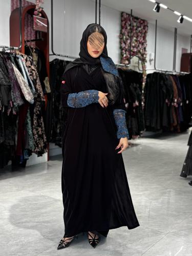 عباية D664-قماش مخمل مزين باكمام دانتيل قصة نص بشت...