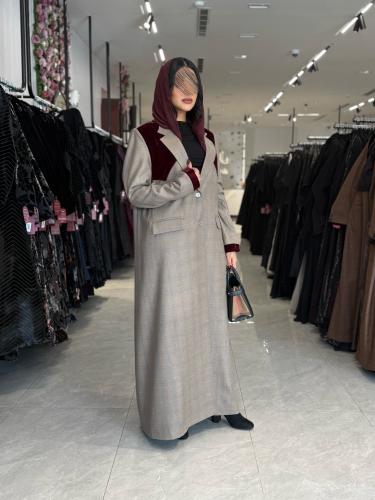 عباية D716- بليزر قماش جوخ كاروهات بتدخيلات مخمل -...