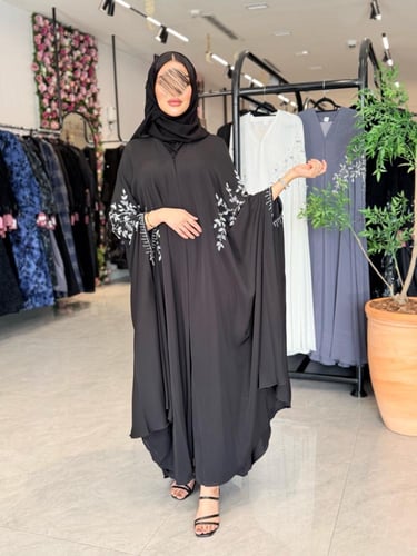 عباية D971 - قطرية بقماش كريب إحساس بشك - اسود