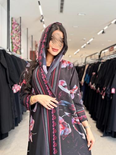 عباية D5001- صيفية بقماش حرير نص كلوش مطبع ورد - ز...