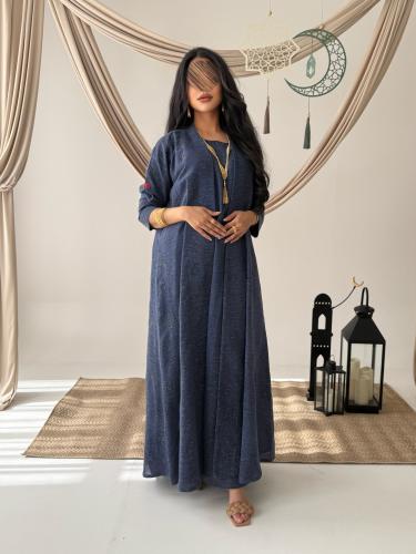 عباية D798 - بقماش لنن مخرم- (يشملها فستان)- كحلي