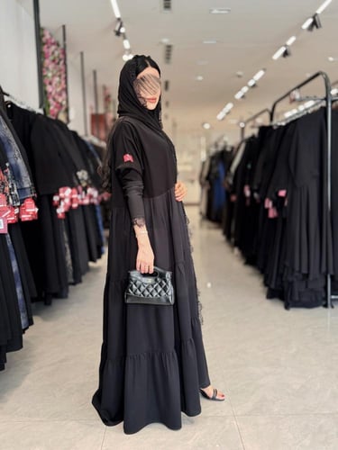 عباية D5015 - دبل كلوش قماش بلاك بيري اكمام استرتش...